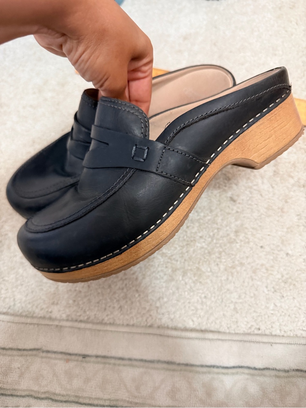 Dansko Black Leather Clog Mules with Wood-Look Platform